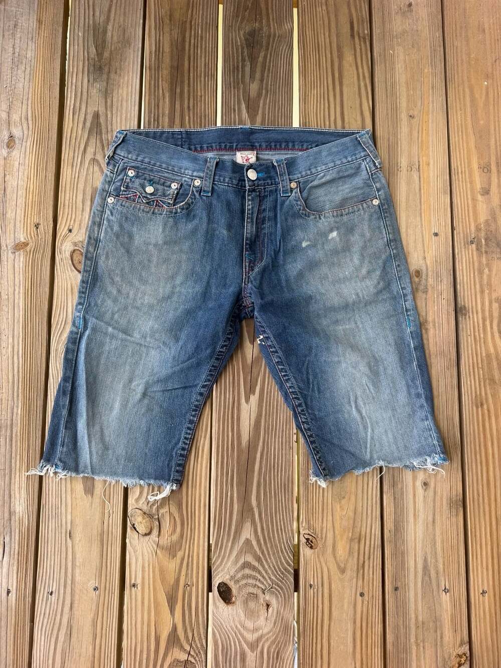 True Religion Cut Off Denim Shorts Size 36 Blue Distressed USA
